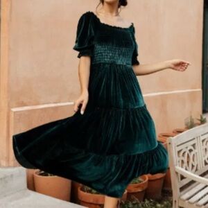 Vivaldi Smocked Velvet Midi Dress- Dark Green